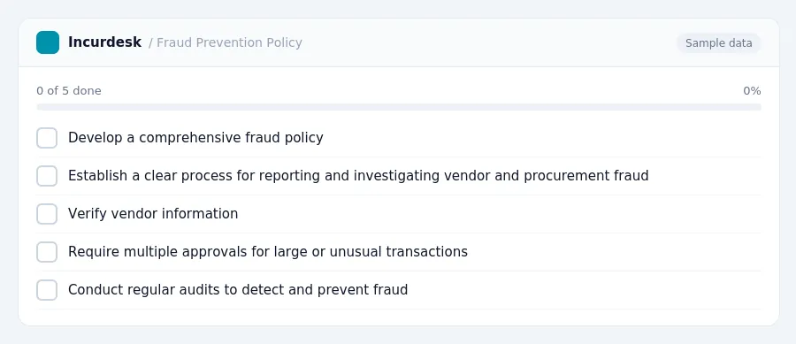 Incurdesk checklist "Fraud Prevention Policy": 0 of 5 steps done, including Develop a comprehensive fraud policy, Establish a clear process for reporting and investigating...