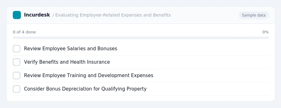 Incurdesk checklist "Evaluating Employee-Related Expenses and Benefits": 0 of 4 steps done, including Review Employee Salaries and Bonuses, Verify Benefits and Health...