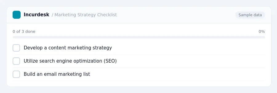 Incurdesk checklist "Marketing Strategy Checklist": 0 of 3 steps done, including Develop a content marketing strategy, Utilize search engine optimization (SEO), Build an email...