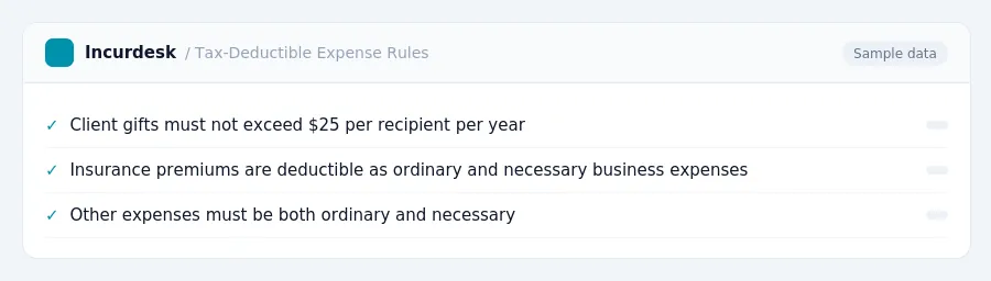 Incurdesk expense policy "Tax-Deductible Expense Rules" with rules such as Client gifts must not exceed $25 per recipient per year (None); Insurance premiums are deductible as...