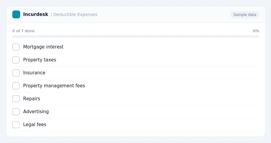 Incurdesk checklist "Deductible Expenses": 0 of 9 steps done, including Mortgage interest, Property taxes, Insurance