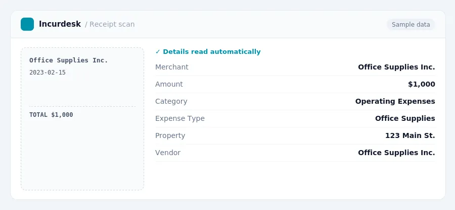 Incurdesk receipt scan of a Office Supplies Inc. receipt for $1,000, read automatically and filed under Operating Expenses