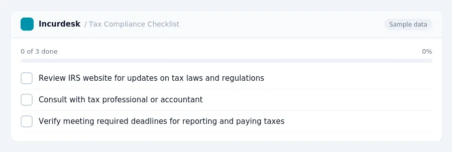 Incurdesk checklist "Tax Compliance Checklist": 0 of 3 steps done, including Review IRS website for updates on tax laws and regulations, Consult with tax professional or...
