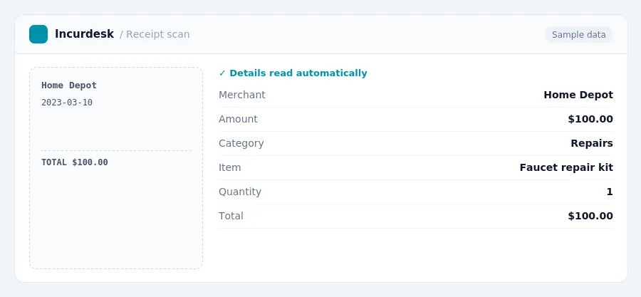 Incurdesk receipt scan of a Home Depot receipt for $100.00, read automatically and filed under Repairs