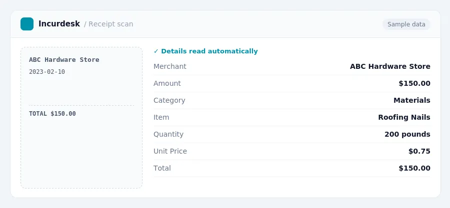 Incurdesk receipt scan of a ABC Hardware Store receipt for $150.00, read automatically and filed under Materials