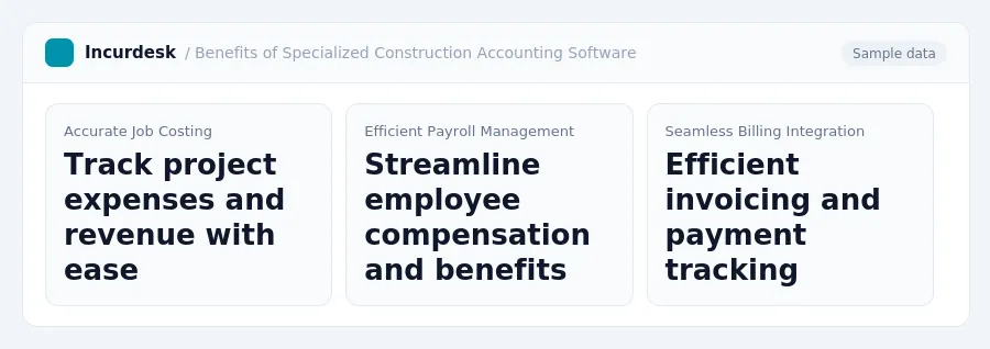 Incurdesk dashboard "Benefits of Specialized Construction Accounting Software" showing Accurate Job Costing: Track project expenses and revenue with ease, Efficient Payroll...