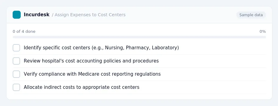 Incurdesk checklist "Assign Expenses to Cost Centers": 0 of 4 steps done, including Identify specific cost centers (e.g., Nursing, Pharmacy, Laboratory), Review hospital's cost...