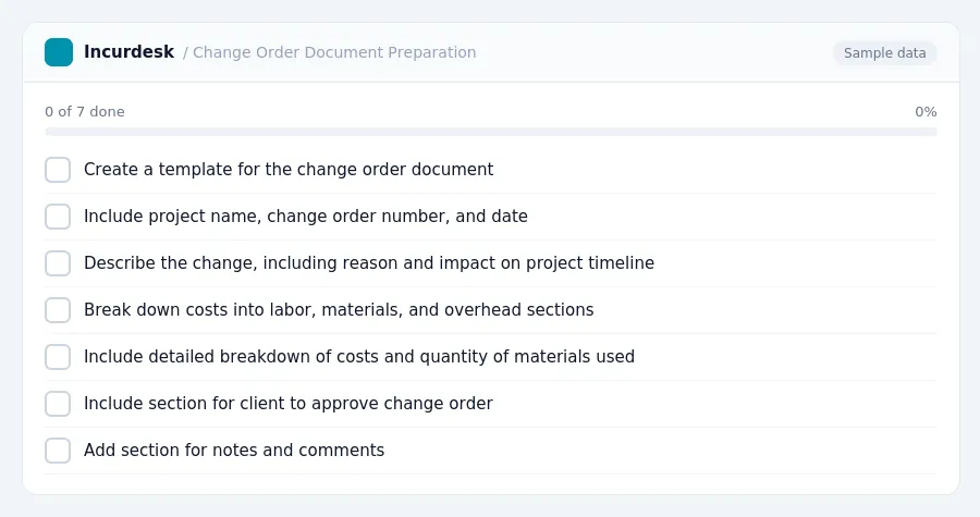Incurdesk checklist "Change Order Document Preparation": 0 of 8 steps done, including Create a template for the change order document, Include project name, change order...