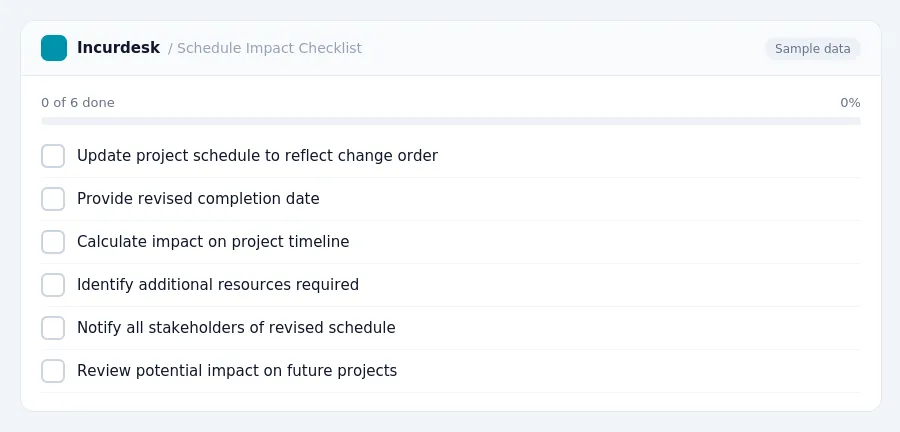 Incurdesk checklist "Schedule Impact Checklist": 0 of 6 steps done, including Update project schedule to reflect change order, Provide revised completion date, Calculate impact...