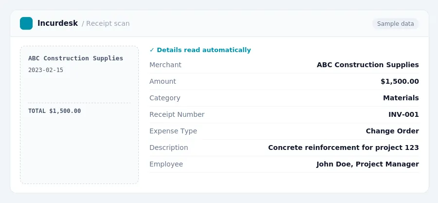 Incurdesk receipt scan of a ABC Construction Supplies receipt for $1,500.00, read automatically and filed under Materials
