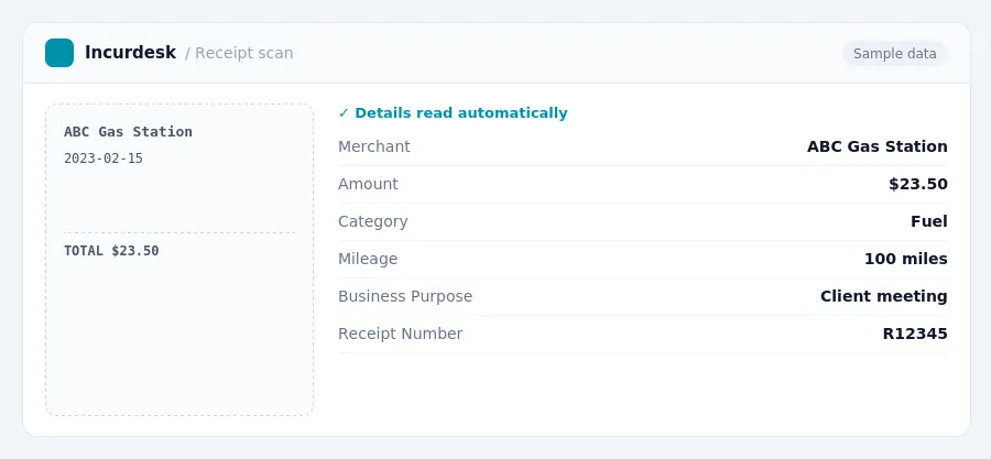 Incurdesk receipt scan of a ABC Gas Station receipt for $23.50, read automatically and filed under Fuel