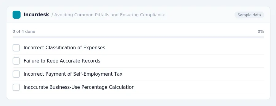 Incurdesk checklist "Avoiding Common Pitfalls and Ensuring Compliance": 0 of 4 steps done, including Incorrect Classification of Expenses, Failure to Keep Accurate Records,...