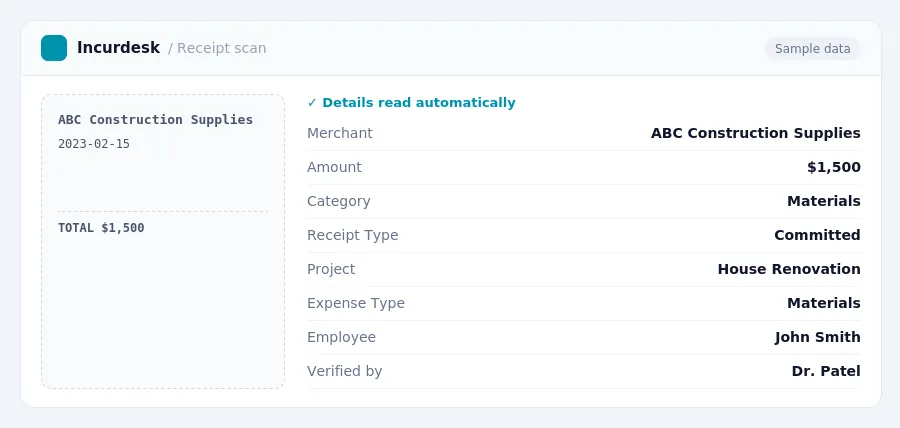 Incurdesk receipt scan of a ABC Construction Supplies receipt for $1,500, read automatically and filed under Materials