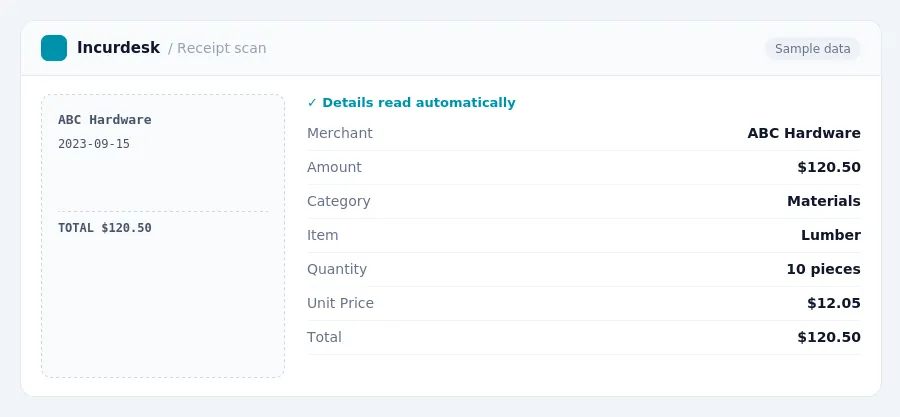 Incurdesk receipt scan of a ABC Hardware receipt for $120.50, read automatically and filed under Materials