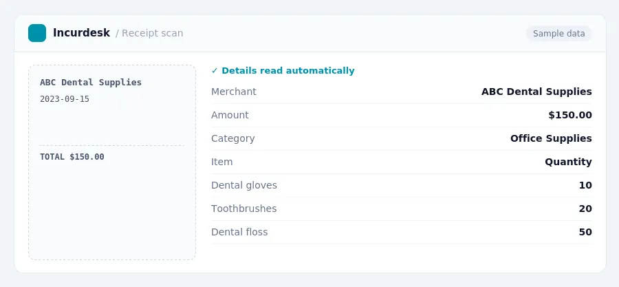 Incurdesk receipt scan of a ABC Dental Supplies receipt for $150.00, read automatically and filed under Office Supplies