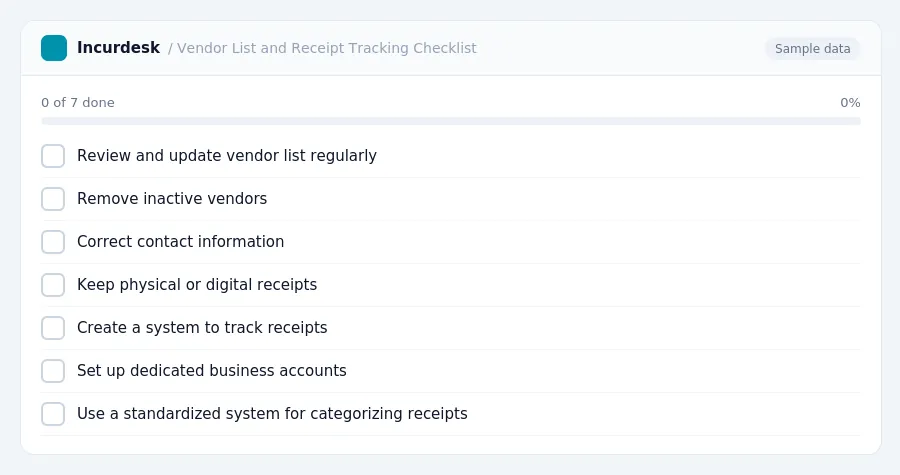 Incurdesk checklist "Vendor List and Receipt Tracking Checklist": 0 of 7 steps done, including Review and update vendor list regularly, Remove inactive vendors, Correct contact...