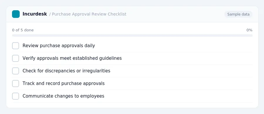 Incurdesk checklist "Purchase Approval Review Checklist": 0 of 5 steps done, including Review purchase approvals daily, Verify approvals meet established guidelines, Check for...
