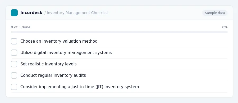 Incurdesk checklist "Inventory Management Checklist": 0 of 5 steps done, including Choose an inventory valuation method, Utilize digital inventory management systems, Set...
