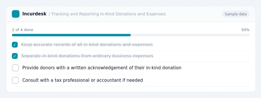 Incurdesk checklist "Tracking and Reporting In-Kind Donations and Expenses": 2 of 4 steps done, including Keep accurate records of all in-kind donations and expenses, Separate...