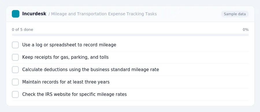 Incurdesk checklist "Mileage and Transportation Expense Tracking Tasks": 0 of 5 steps done, including Use a log or spreadsheet to record mileage, Keep receipts for gas,...