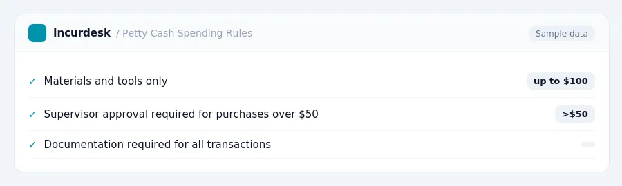 Incurdesk expense policy "Petty Cash Spending Rules" with rules such as Materials and tools only (up to $100); Supervisor approval required for purchases over $50 (>$50)