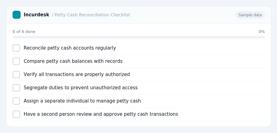 Incurdesk checklist "Petty Cash Reconciliation Checklist": 0 of 6 steps done, including Reconcile petty cash accounts regularly, Compare petty cash balances with records,...