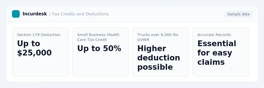 Incurdesk dashboard "Tax Credits and Deductions" showing Section 179 Deduction: Up to $25,000, Small Business Health Care Tax Credit: Up to 50%, Trucks over 6,000 lbs GVWR:...