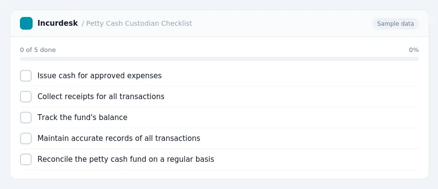 Incurdesk checklist "Petty Cash Custodian Checklist": 0 of 5 steps done, including Issue cash for approved expenses, Collect receipts for all transactions, Track the fund's balance