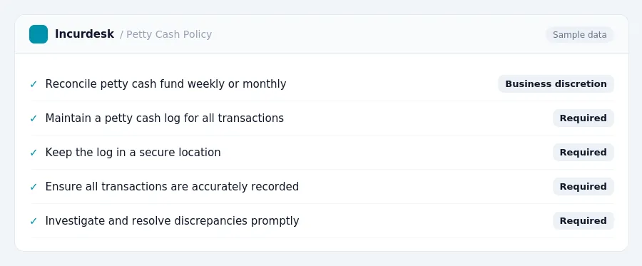 Incurdesk expense policy "Petty Cash Policy" with rules such as Reconcile petty cash fund weekly or monthly (Business discretion); Maintain a petty cash log for all...