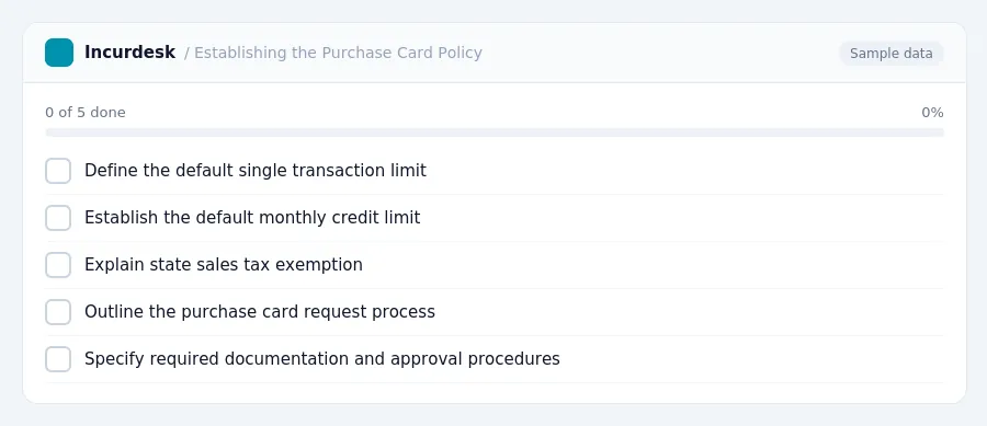Incurdesk checklist "Establishing the Purchase Card Policy": 0 of 5 steps done, including Define the default single transaction limit, Establish the default monthly credit...