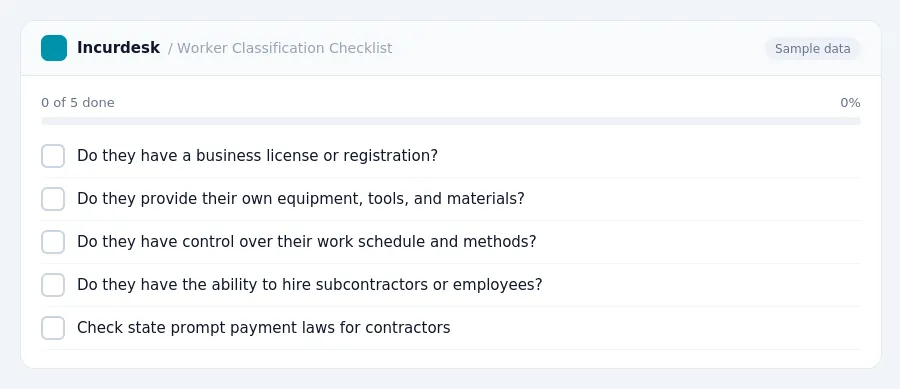 Incurdesk checklist "Worker Classification Checklist": 0 of 5 steps done, including Do they have a business license or registration?, Do they provide their own equipment,...