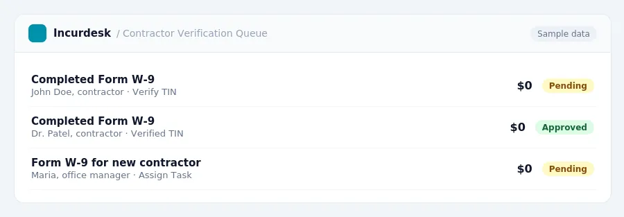Incurdesk approval queue "Contractor Verification Queue" showing 3 expenses awaiting review, including Completed Form W-9 (Pending), Completed Form W-9 (Approved), Form W-9 for...