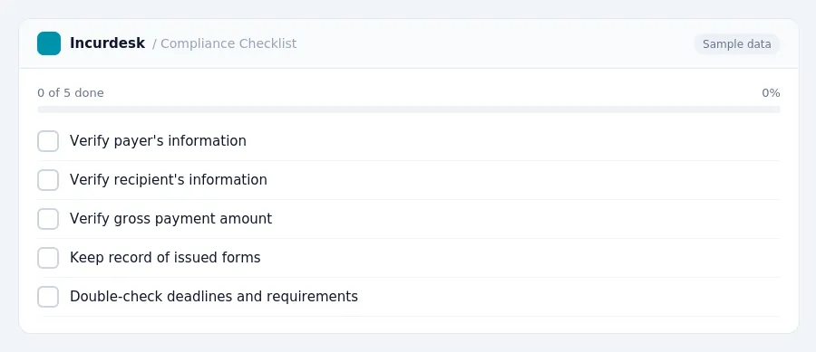 Incurdesk checklist "Compliance Checklist": 0 of 5 steps done, including Verify payer's information, Verify recipient's information, Verify gross payment amount