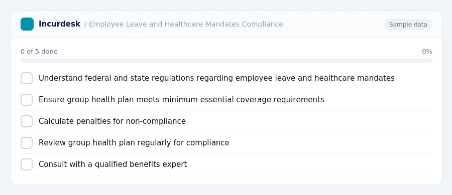 Incurdesk checklist "Employee Leave and Healthcare Mandates Compliance": 0 of 5 steps done, including Understand federal and state regulations regarding employee leave and...