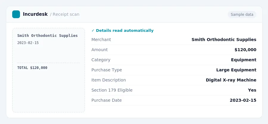 Incurdesk receipt scan of a Smith Orthodontic Supplies receipt for $120,000, read automatically and filed under Equipment