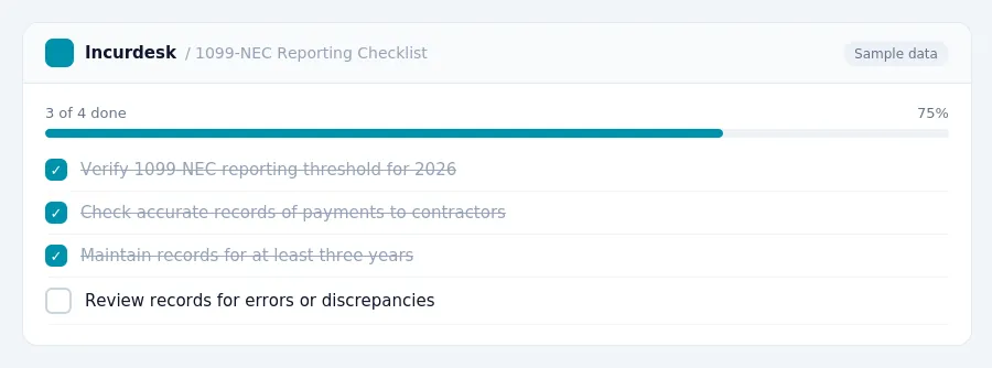 Incurdesk checklist "1099-NEC Reporting Checklist": 3 of 4 steps done, including Verify 1099-NEC reporting threshold for 2026, Check accurate records of payments to...