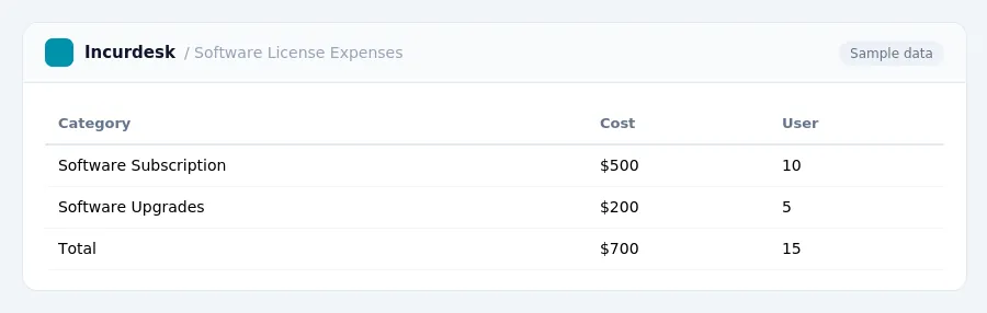 Incurdesk expense report "Software License Expenses" with columns Category, Cost, User, listing Software Subscription, Software Upgrades, Total