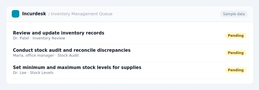 Incurdesk approval queue "Inventory Management Queue" showing 3 expenses awaiting review, including Review and update inventory records (Pending), Conduct stock audit and...