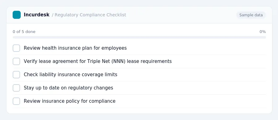 Incurdesk checklist "Regulatory Compliance Checklist": 0 of 5 steps done, including Review health insurance plan for employees, Verify lease agreement for Triple Net (NNN)...