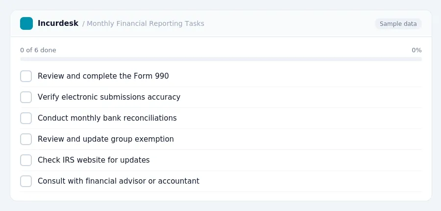 Incurdesk checklist "Monthly Financial Reporting Tasks": 0 of 6 steps done, including Review and complete the Form 990, Verify electronic submissions accuracy, Conduct monthly...