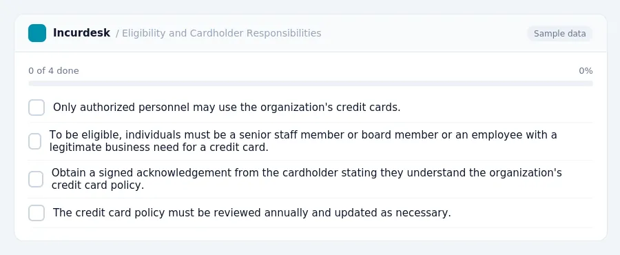 Incurdesk checklist "Eligibility and Cardholder Responsibilities": 0 of 4 steps done, including Only authorized personnel may use the organization's credit cards., To be...