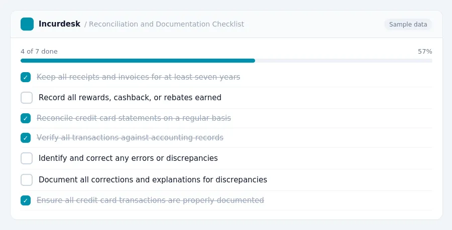 Incurdesk checklist "Reconciliation and Documentation Checklist": 4 of 7 steps done, including Keep all receipts and invoices for at least seven years, Record all rewards,...