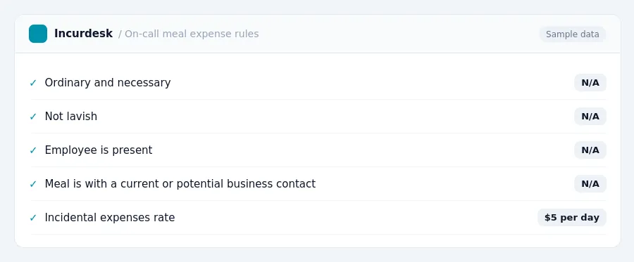 Incurdesk expense policy "On-call meal expense rules" with rules such as Ordinary and necessary (N/A); Not lavish (N/A)