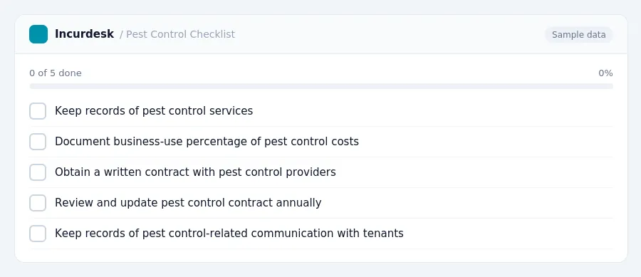 Incurdesk checklist "Pest Control Checklist": 0 of 5 steps done, including Keep records of pest control services, Document business-use percentage of pest control costs, Obtain...