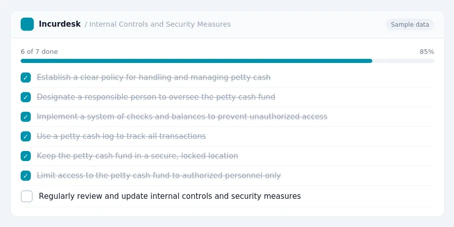Incurdesk checklist "Internal Controls and Security Measures": 6 of 7 steps done, including Establish a clear policy for handling and managing petty cash, Designate a...