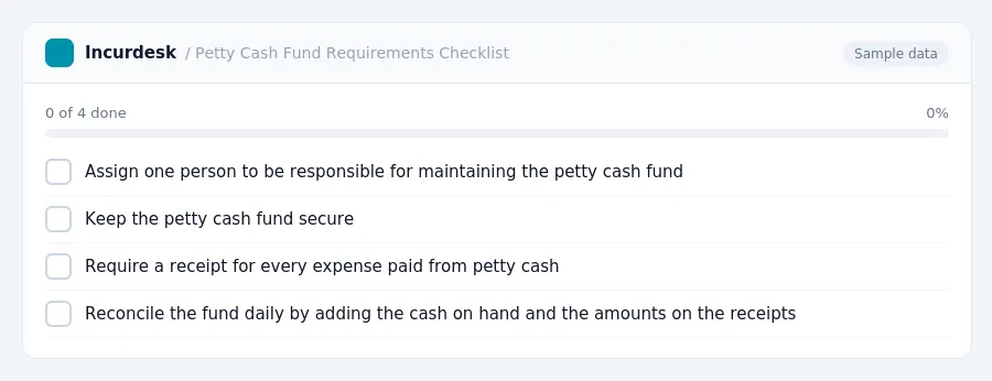 Incurdesk checklist "Petty Cash Fund Requirements Checklist": 0 of 4 steps done, including Assign one person to be responsible for maintaining the petty cash fund, Keep the...
