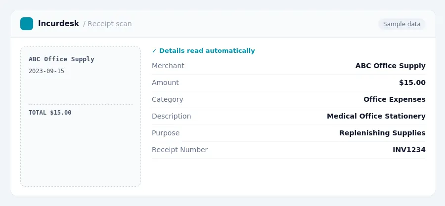 Incurdesk receipt scan of a ABC Office Supply receipt for $15.00, read automatically and filed under Office Expenses
