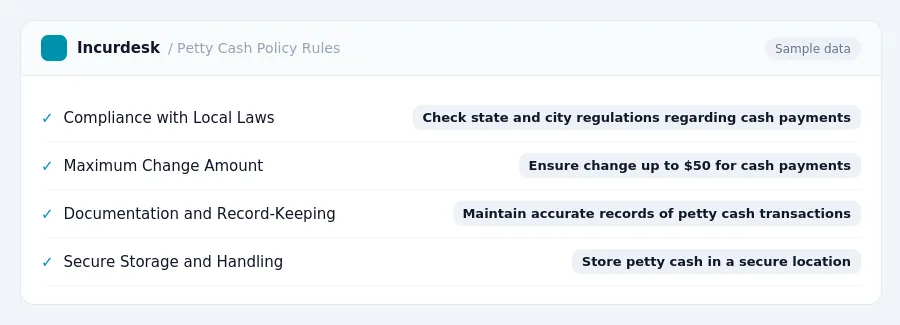 Incurdesk expense policy "Petty Cash Policy Rules" with rules such as Compliance with Local Laws (Check state and city regulations regarding cash payments); Maximum Change...