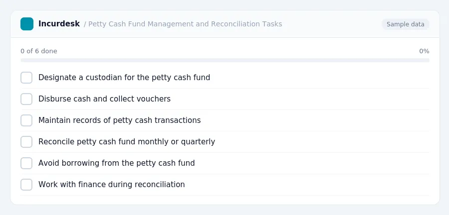 Incurdesk checklist "Petty Cash Fund Management and Reconciliation Tasks": 0 of 6 steps done, including Designate a custodian for the petty cash fund, Disburse cash and collect...