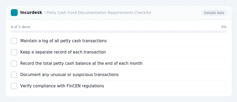Incurdesk checklist "Petty Cash Fund Documentation Requirements Checklist": 0 of 5 steps done, including Maintain a log of all petty cash transactions, Keep a separate record...